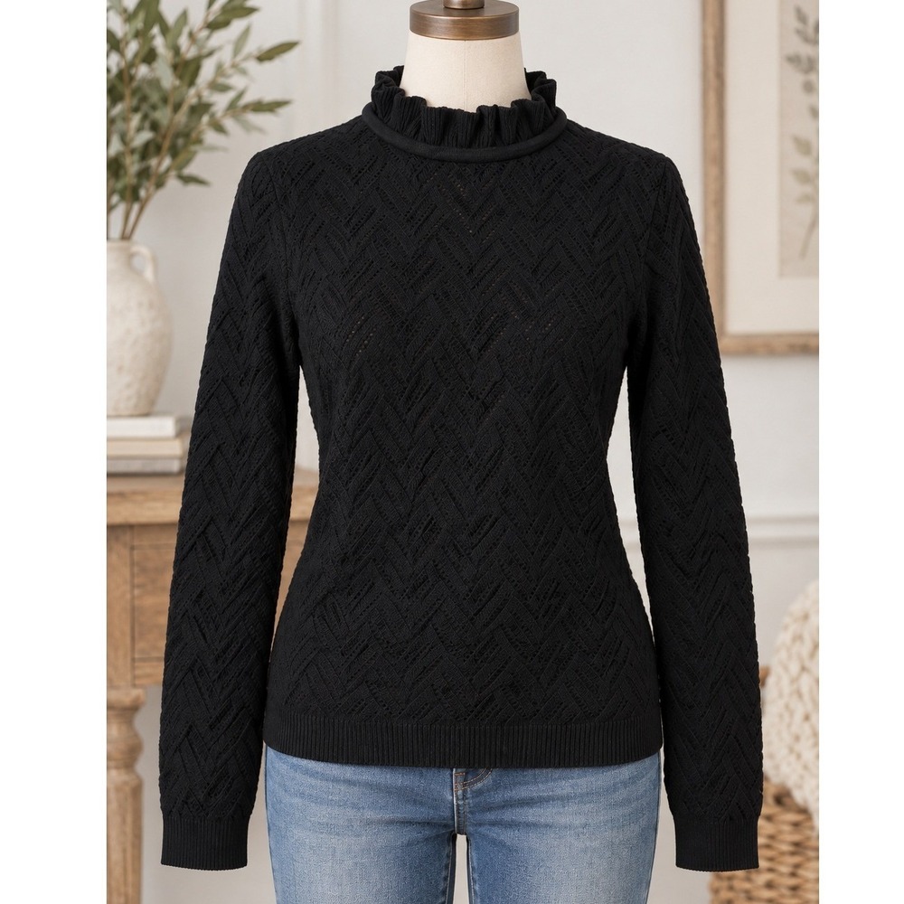 Talbots Petite Black Ruffle Mock Neck Pointelle Knit Sweater Wool Blend PS NWT